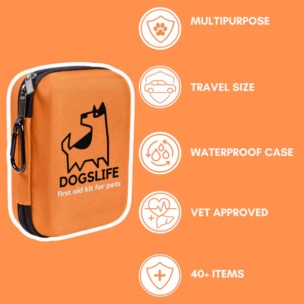 DogsLife pet first aid kit infographic showing compact orange waterproof case with features: multipurpose use, travel size, vet approved, includes 40+ essential items for dogs and cats