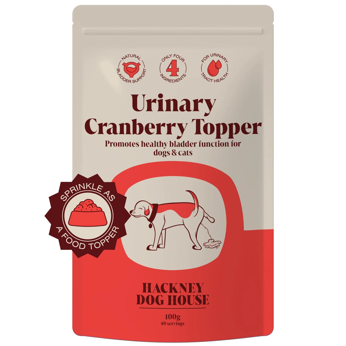 Hackney Dog House Urinary Cranberry Topper for dogs and cats, 100g pouch; natural bladder and urinary tract support; UTI prevention supplement; sprinkle as food topper
