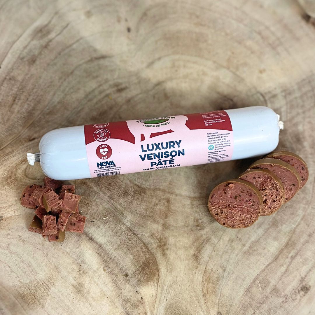 Smooth and versatile Paddock Farm dog pâté – cut, diced, or grated for easy serving.