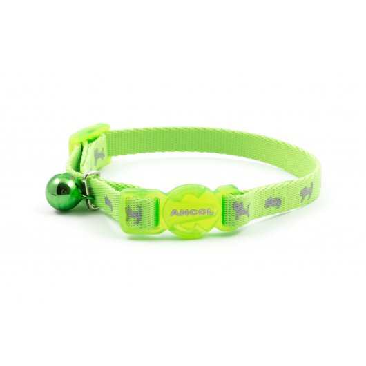 Ancol reflective kitten collar in bright neon green with silver cat pattern, safety buckle, and green bell for added visibility and style.
