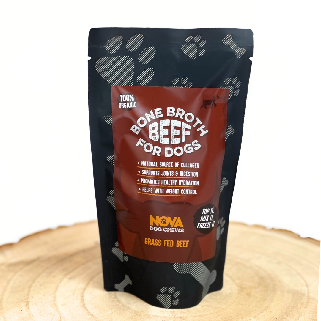 Package of Bone Broth for Dogs by Nova Dog Chews on a wooden surface