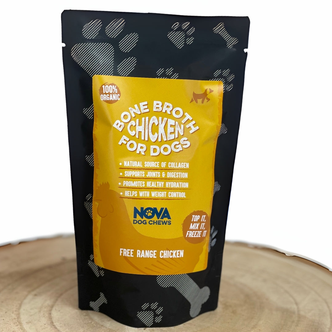 Package of Nova Dog Chews Bone Broth Chicken for Dogs on a wooden surface