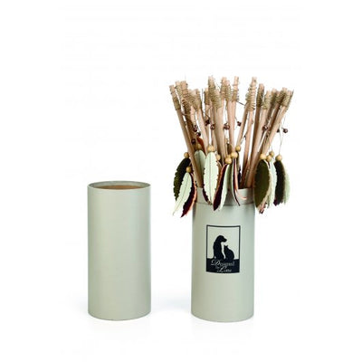 Cylinder display of Designed by Lotte natural feather cat wands with bells and wooden handles β ideal for interactive cat play and enrichment.