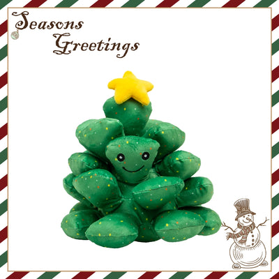 Plush Christmas tree with a yellow star on a white background with red and green striped border and 'Seasons Greetings' text. Ancol Douglas Fir Tree – festive Christmas snuffle dog toy shaped like a tree with yellow star topper