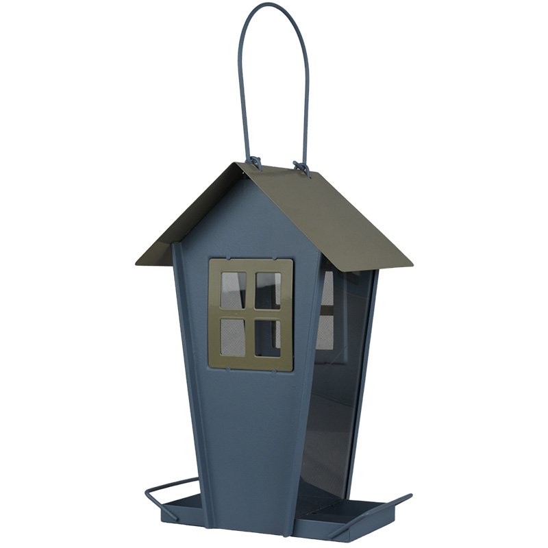 Blue bird feeder for seed with a brown roof on a white background