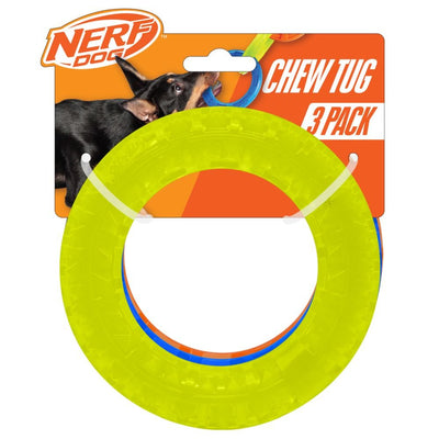 Nerf Dog Chew Tug toy packaging with a green ring and dog on an orange background