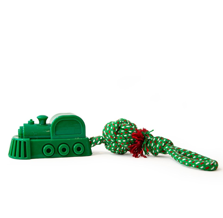 Great&Small Christmas ChooChoo dog toy with a green train and green, red and white braided rope, knotted ball and loop handle