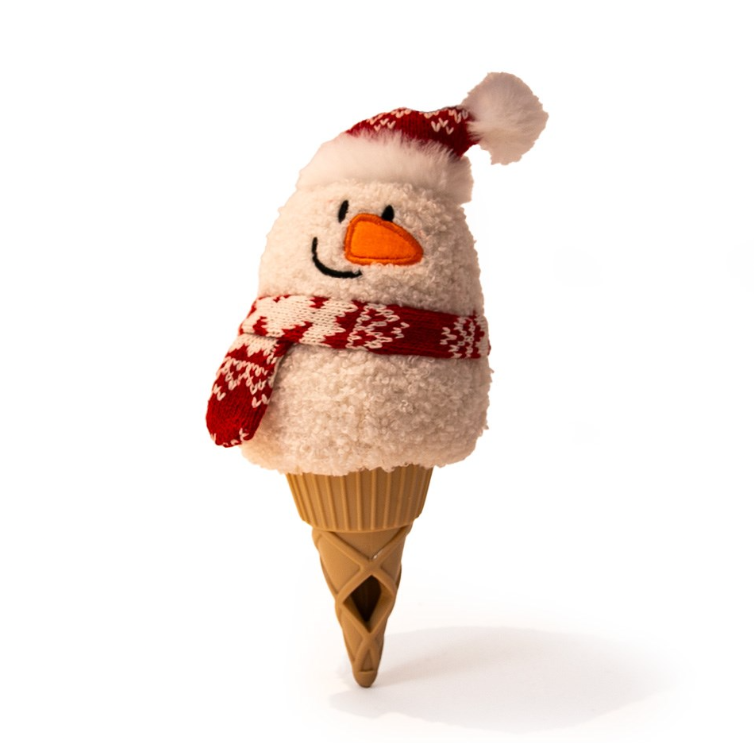 Great&Small Christmas Snowman Cone dog toy with a white plush snowman, red hat and scarf, and tan textured cone with an opening