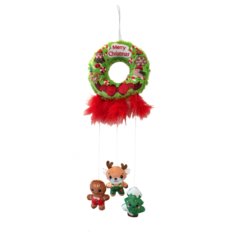 Great&Small Santa and Friends cat door hanger with a green Merry Christmas ring, red feathers and three dangling festive toys