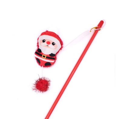 Great&Small Santa and Friends Santa Dangler cat toy with a red wand, Santa plush teaser and red sparkle pom-pom
