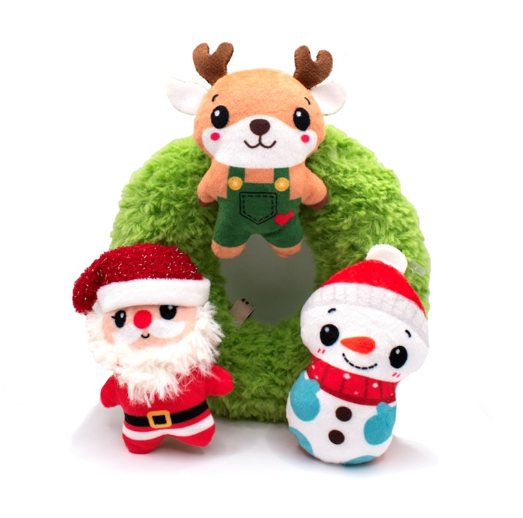 Great&Small Santa and Friends Wreath dog toy with a green plush ring, Santa, a snowman and a reindeer