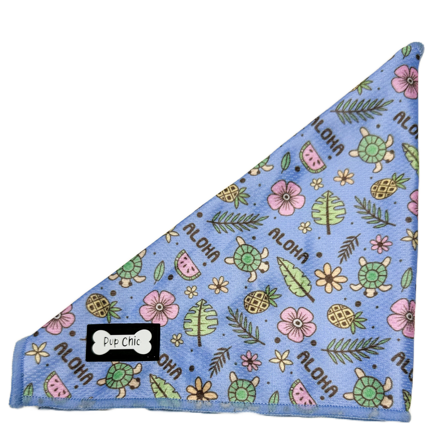 Pup Chic Boutique Cooling bandana in the pattern Island Breeze, a Hawaiian inspire blue, pink and green design, pictured on a white background.