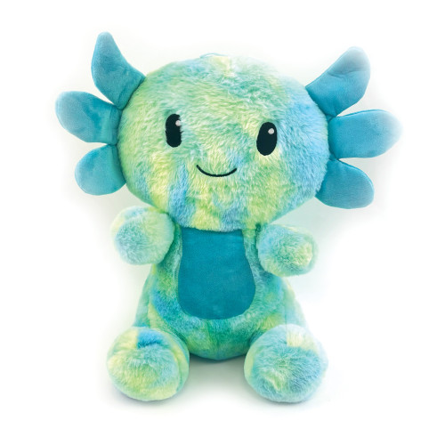 Jumbo axolotl plush dog toy in green and blue with soft blue gills and a smiling face