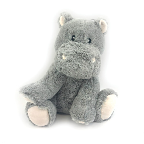 Jumbo grey hippo plush dog toy with soft fur, cream paws and small tusks