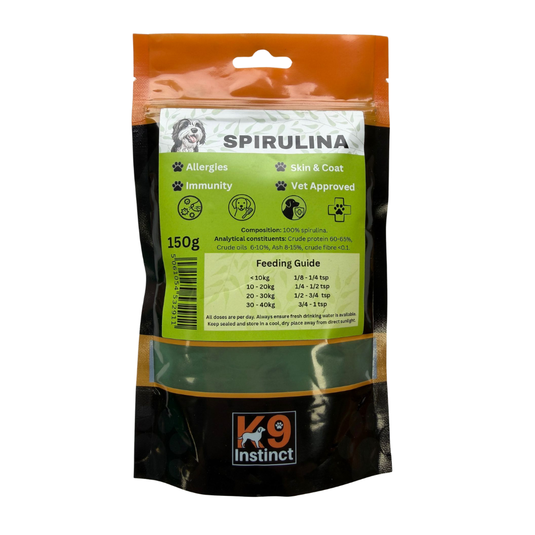 K9 Instinct Spirulina 150g pouch showing composition and dog feeding guide