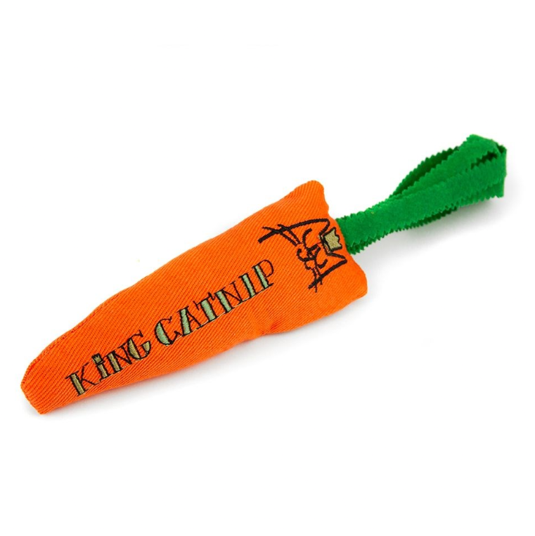 Orange King Catnip Carrot cat toy with green fabric leaves and an embroidered King Catnip logo