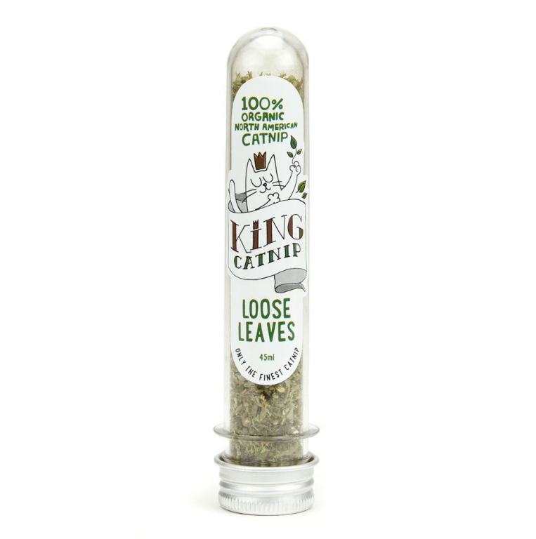 King Catnip Loose Leaves 45ml in a clear resealable tube labelled 100% organic North American catnip