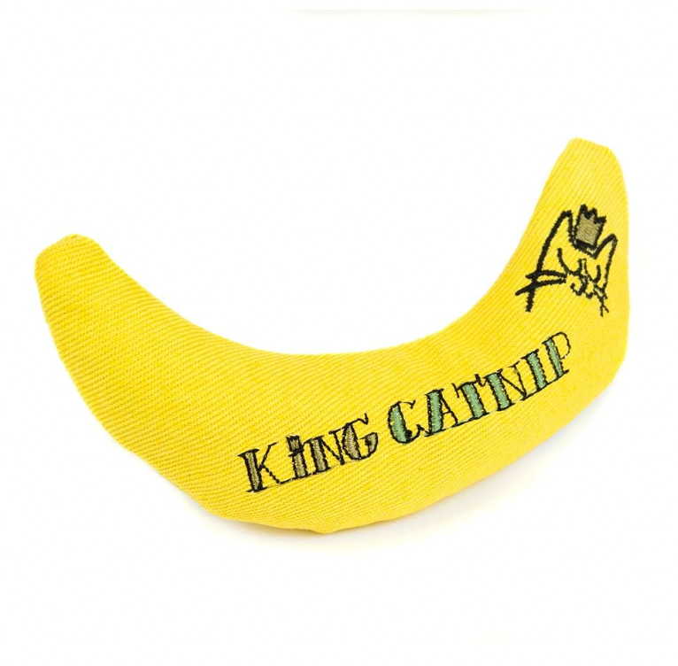 Yellow King Catnip Banana fabric cat toy with embroidered logo, filled with organic North American catnip leaves