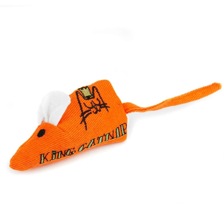 Orange King Catnip Mouse cat toy with white ears and a fabric tail, filled with organic North American catnip leaves