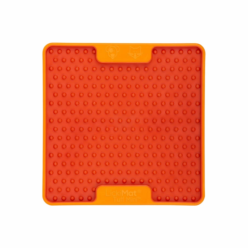 LickiMat Mini Tuff Soother orange 15cm lick mat with raised brush-tip texture and rigid base