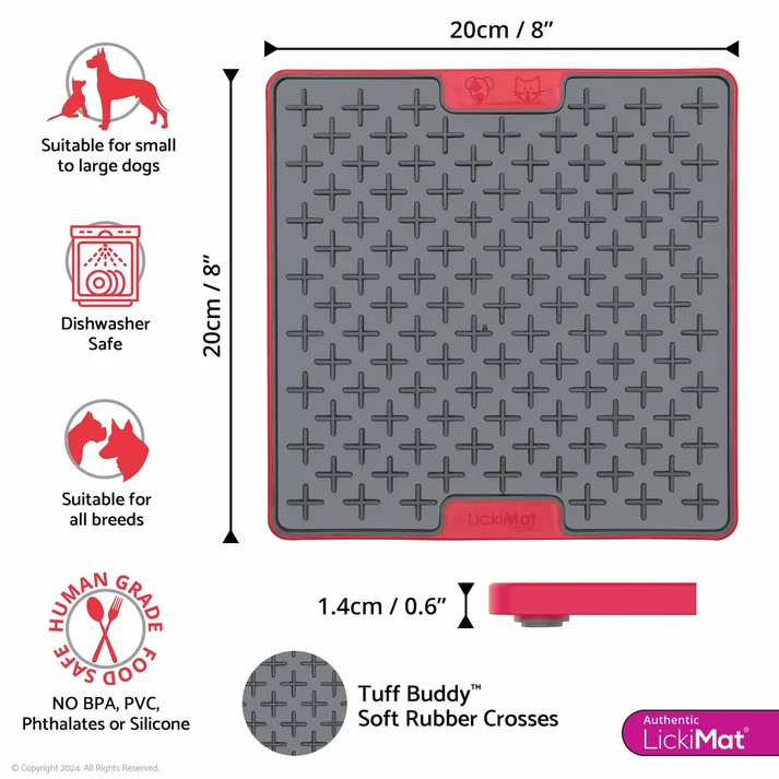 Red LickiMat Tuff Buddy 20 × 20cm lick mat with grey criss-cross texture, shown with dimensions and care features