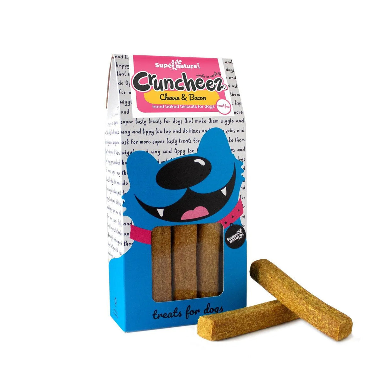 Supernature Cruncheez Cheese & Bacon dog treats in fun illustrated box with two hand baked biscuit batons displayed beside the packaging