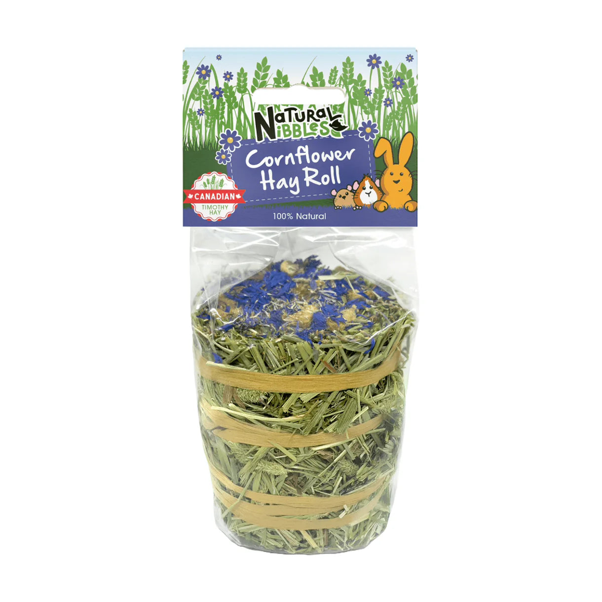 Natural Nibbles Cornflower Hay Roll made with Canadian Timothy Hay and dried cornflowers, a 100% natural chew and forage toy for rabbits, guinea pigs, and other small pets