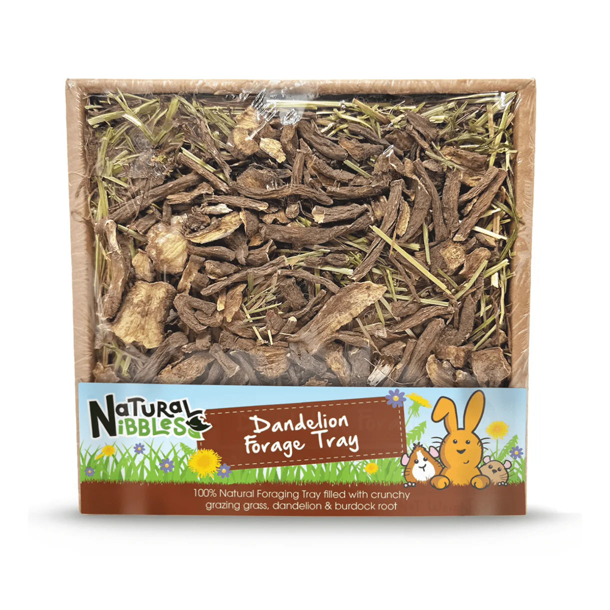 Natural Nibbles Dandelion Forage Tray for small animals, filled with dried dandelion root, burdock root and crunchy grazing grass in eco-friendly packaging