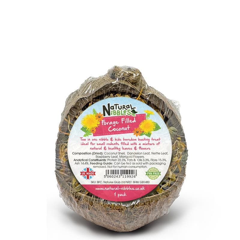 Natural Nibbles Forage Filled Coconut treat for small pets, featuring an edible coconut shell packed with natural forage, leaves, and flowers β ideal for enrichment and chewing.