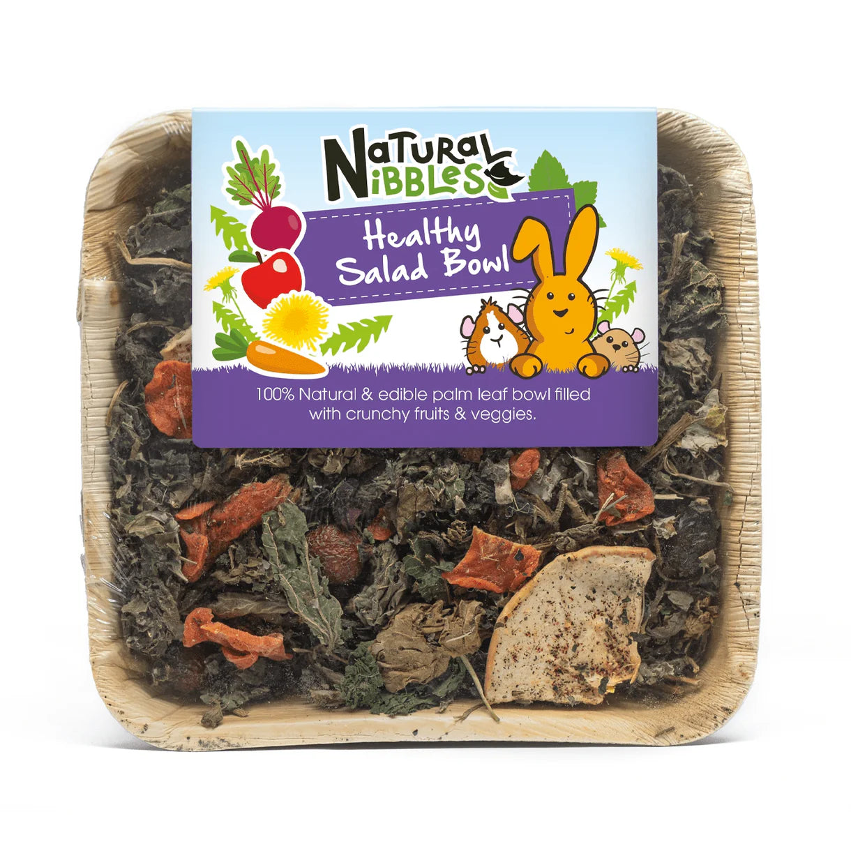 Natural Nibbles Healthy Salad Bowl for small animals, a 100% natural edible palm leaf bowl filled with crunchy dried fruits and vegetables, perfect for rabbits, guinea pigs, and hamsters, available at Amy’s Pet Supplies.