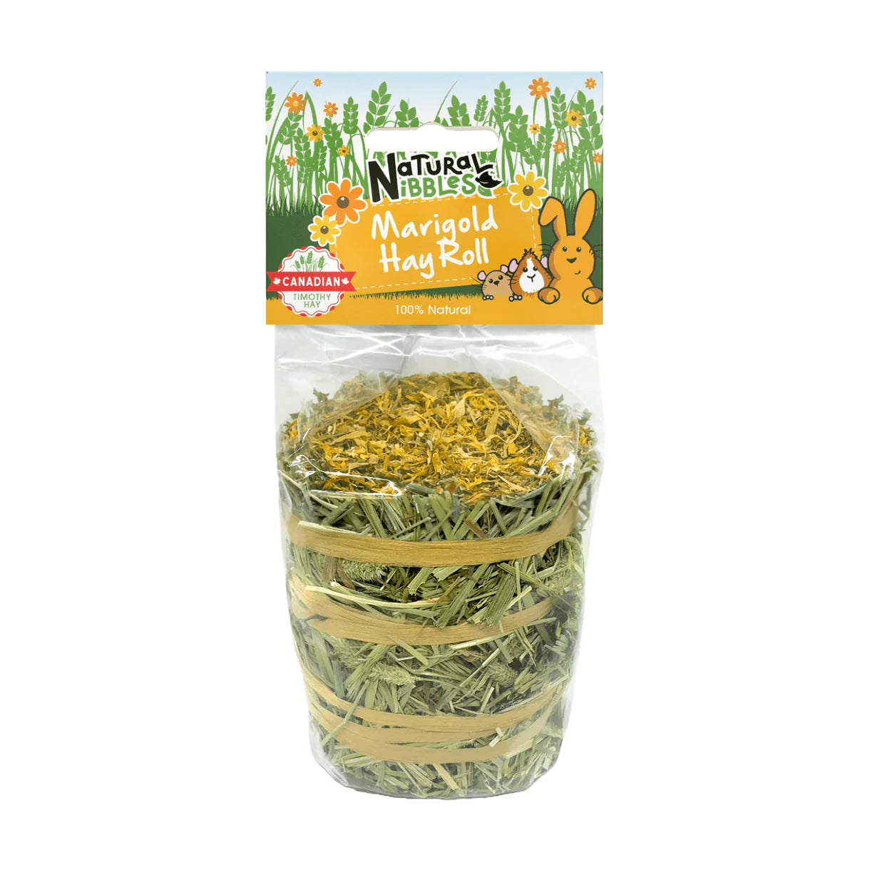Natural Nibbles Marigold Hay Roll made with Canadian Timothy Hay and dried marigold flowers, a 100% natural forage and enrichment chew for rabbits, guinea pigs, and small pets