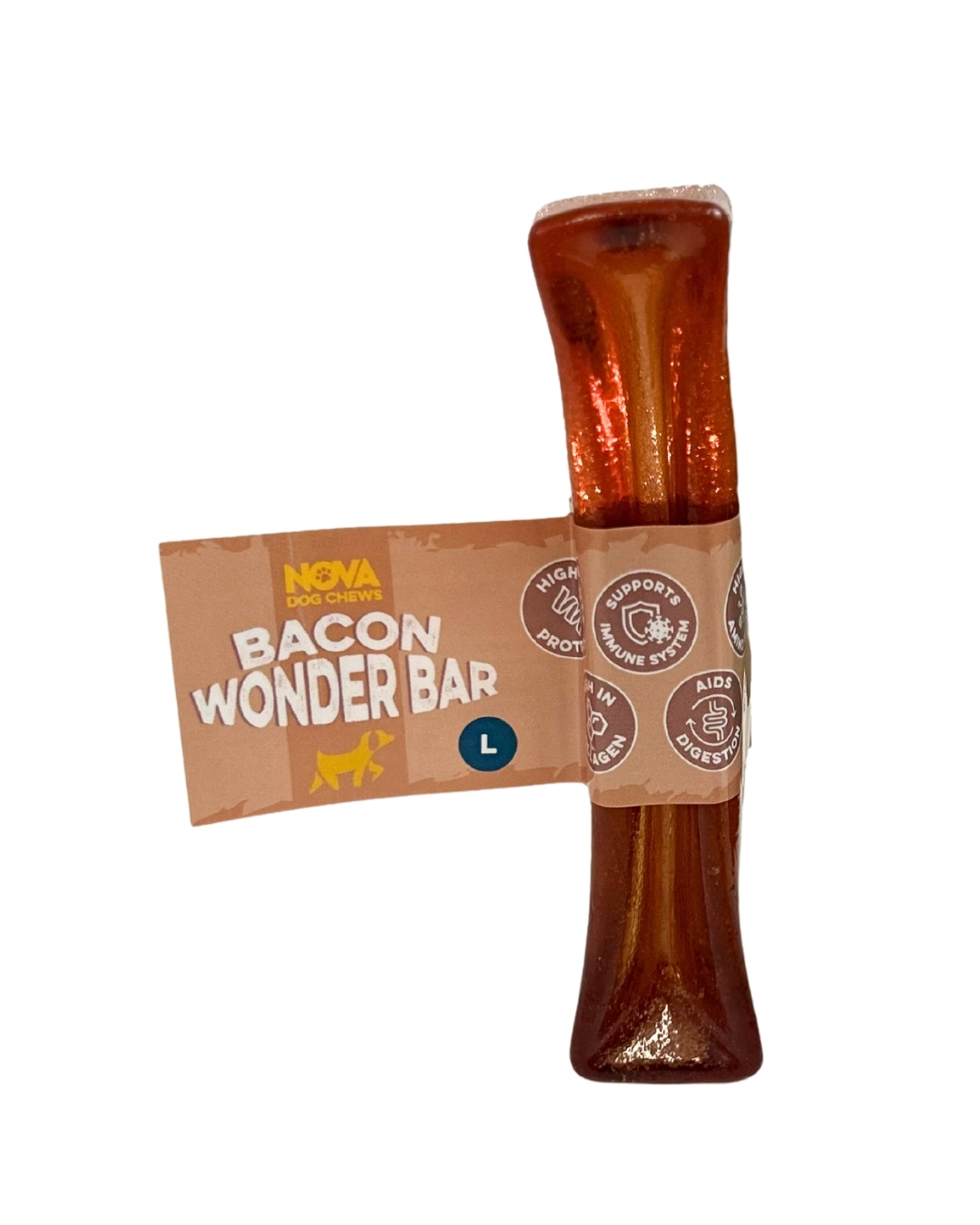 Nova Wonder Bar Bacon Large collagen dog chew in its labelled sleeve