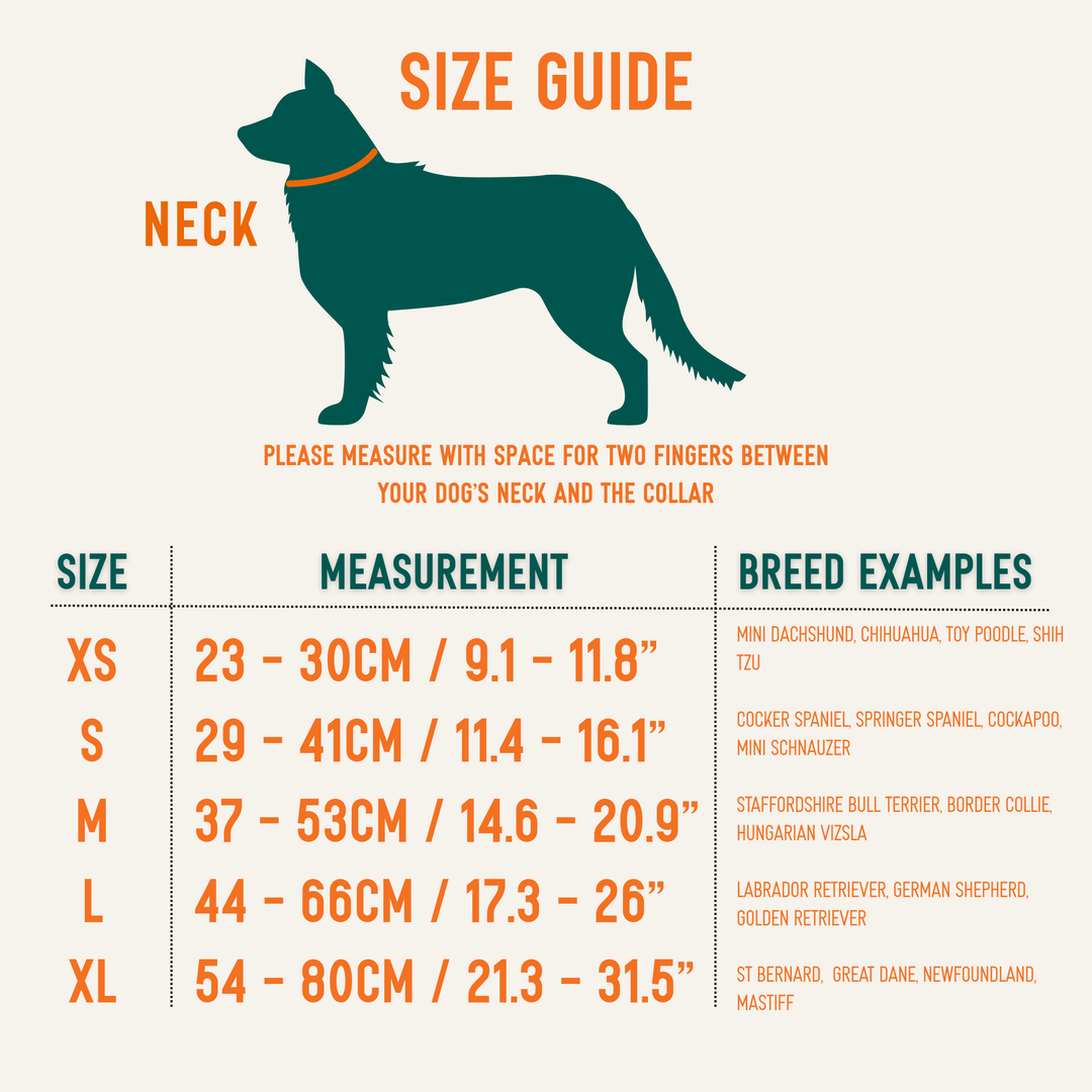 Twiggy Tags Tidal collar size guide showing neck measurements from XS to XL and instructions to leave space for two fingers.