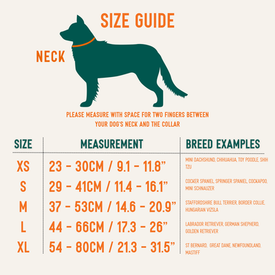 Twiggy Tags Tidal collar size guide showing neck measurements from XS to XL and instructions to leave space for two fingers.