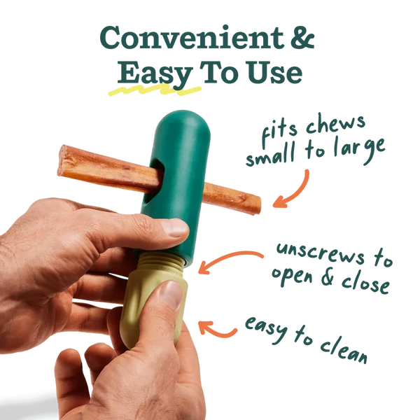 Hands demonstrating how to insert a bully stick and tighten the screw base of the Woof BullySafe