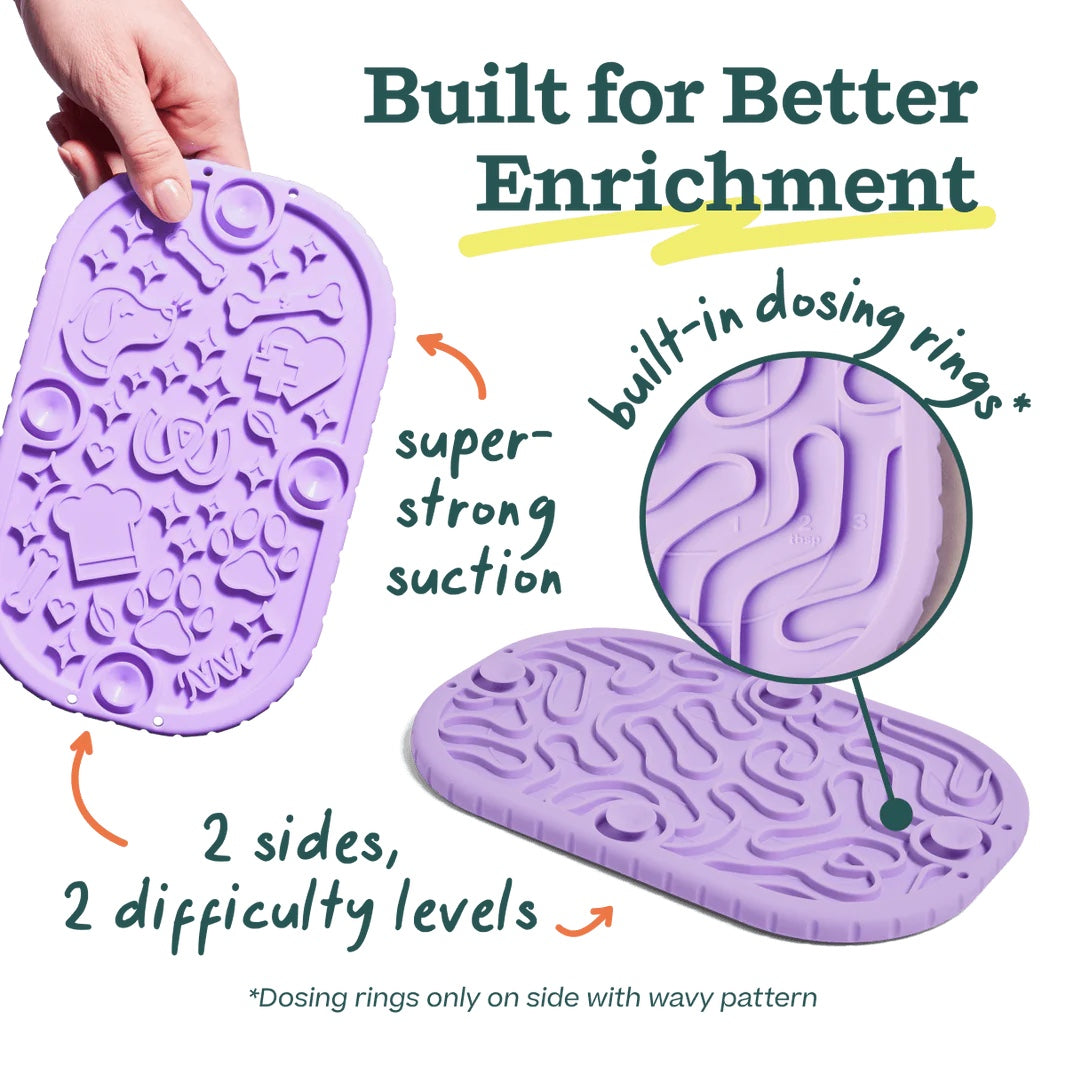 Woof FlipMat Mini showing two enrichment difficulty levels suction cups and built-in dosing rings