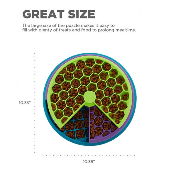 Top view of Nina Ottosson Lickin' Layers slow feeder puzzle toy for dogs, filled with kibble and showing 10.35-inch diameter – designed to extend mealtimes and support mental enrichment.