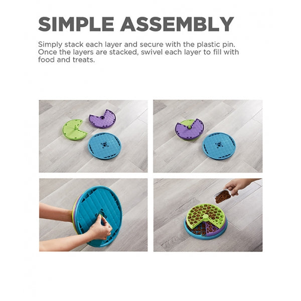 Step-by-step assembly guide for Nina Ottosson Lickin' Layers dog enrichment toy – shows how to stack and secure each layer to create a fun, interactive puzzle feeder for dogs.