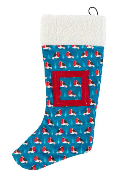 A festive Christmas pet stocking with a blue background, featuring an array of colorful robin images, and a white pom-pom on the top. The stocking appears to be made of a plush material and is designed for holding pet treats and toys. Fuzzyard Christmas Pet Stocking – Robin design, festive stocking for dogs and cats