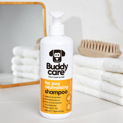 Buddycare Fox Poo Neutralising Dog Shampoo – deep cleansing dog shampoo with Aloe, Pro Vitamin B5 and odour neutraliser.
