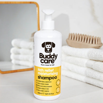 "Buddy Care Itch Relief Milk & Honey Dog Shampoo 500ml bottle – gentle anti-itch dog shampoo with Aloe Vera and Pro Vitamin B5"