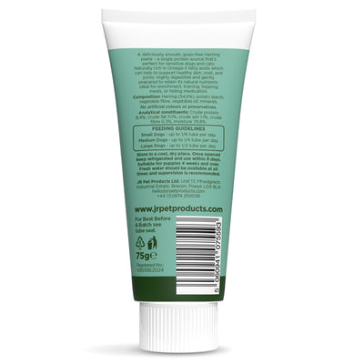 Back view of a green pet product tube with text and branding on a white background