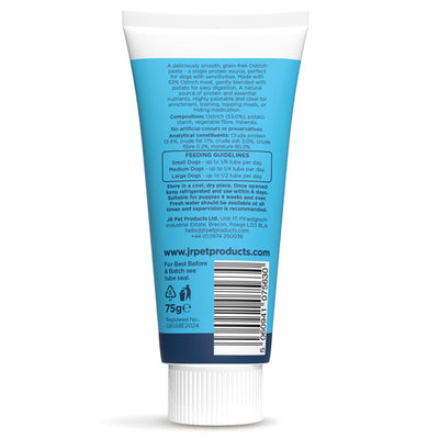 Back view of a pet product tube with blue label and white cap on a white background