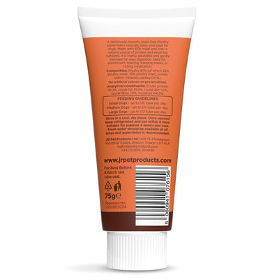 Back view of a pet food packaging tube with text and branding on an orange background