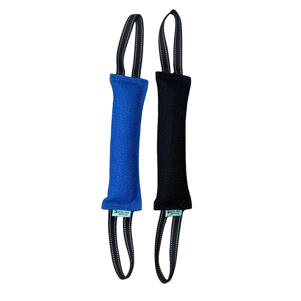 Blue and black dog chew toy with rope on a white Background