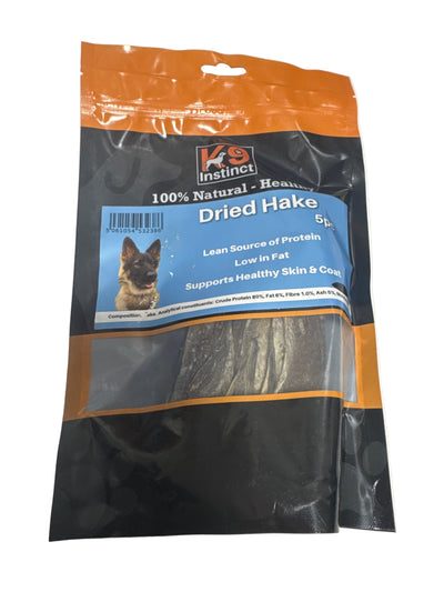 K9 Instinct Dried Hake 5pc – natural crispy air-dried fish dog treat rich in omega-3 for skin, coat, and joint health