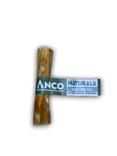Dog treat Anco Naturals Rabbit Hide Rolls – 100% natural hair-on chew, air-dried rabbit for healthy digestion and dental support.