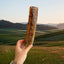 Hand holding a 24cm natural dried beef trachea dog chew outdoors, single-ingredient high-protein treat for dogs, perfect for dental health and enrichment, available at Amy’s Pet Supplies.