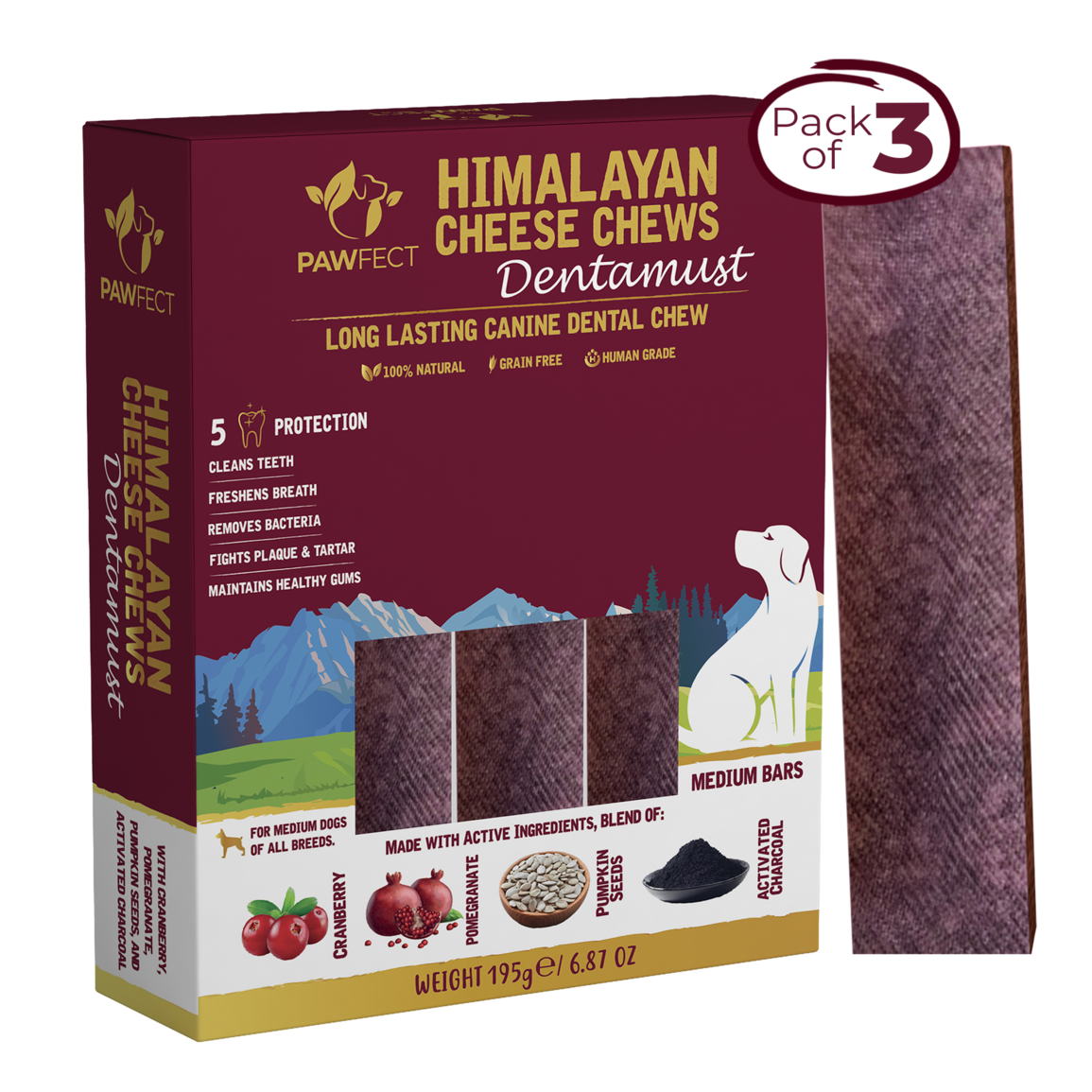 Himalayan Cheese Chews For Dogs - Dentamust Cranberry 3 Pack