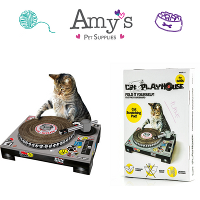 Cardboard DJ turntable scratching cat toy.